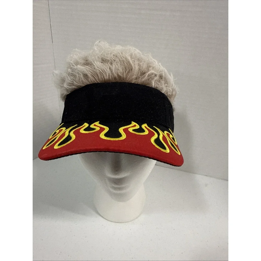 FlairHair Visor Faux Hair Adjustable Black Red Flames Grey Novelty Fun